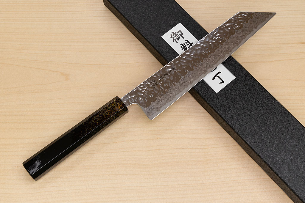 Hokiyama Sakon AUS10 Hammered shiny Damascus 210mm (8.3") Kiritsuke knife with Gold Dust Urushi lacquered Magnolia Wood octagon handle - Knife-Life - Best Japanese Knife Store