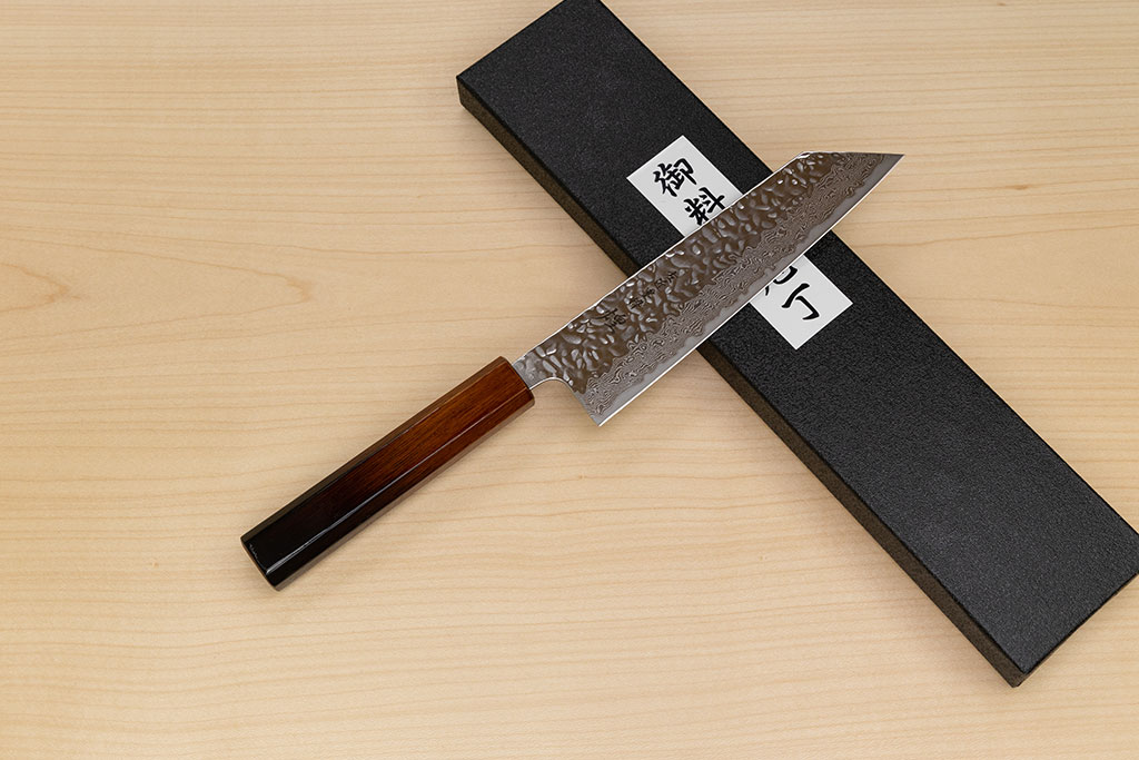 Hokiyama Sakon AUS10 Hammered shiny Damascus 170mm (6.7") Bunka knife with Burnt pattern Urushi lacquered Magnolia Wood octagon handle - Knife-Life - Best Japanese Knife Store