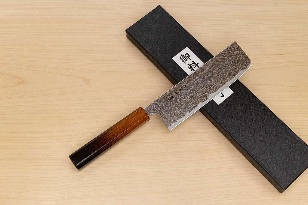 Hokiyama Sakon Bokusui AUS10 ROU-Wave Damascus 165mm (6.5") Nakiri knife with Burnt pattern Urushi lacquered Magnolia Wood octagon handle - Knife-Life - Best Japanese Knife Store