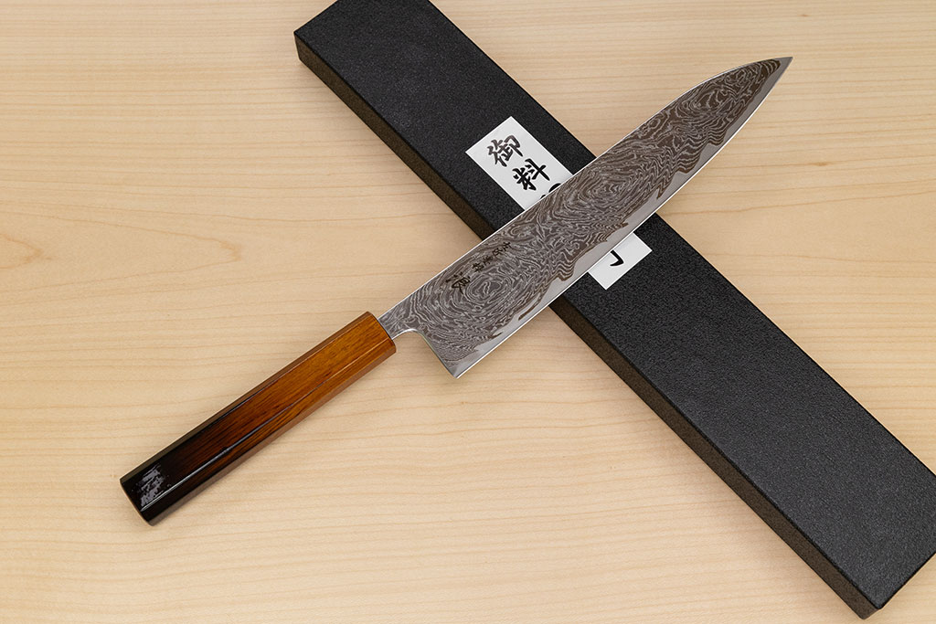 Hokiyama Sakon Bokusui AUS10 ROU-Wave Damascus 240mm (9.5") Gyuto knife with Burnt pattern Urushi lacquered Magnolia Wood octagon handle - Knife-Life - Best Japanese Knife Store
