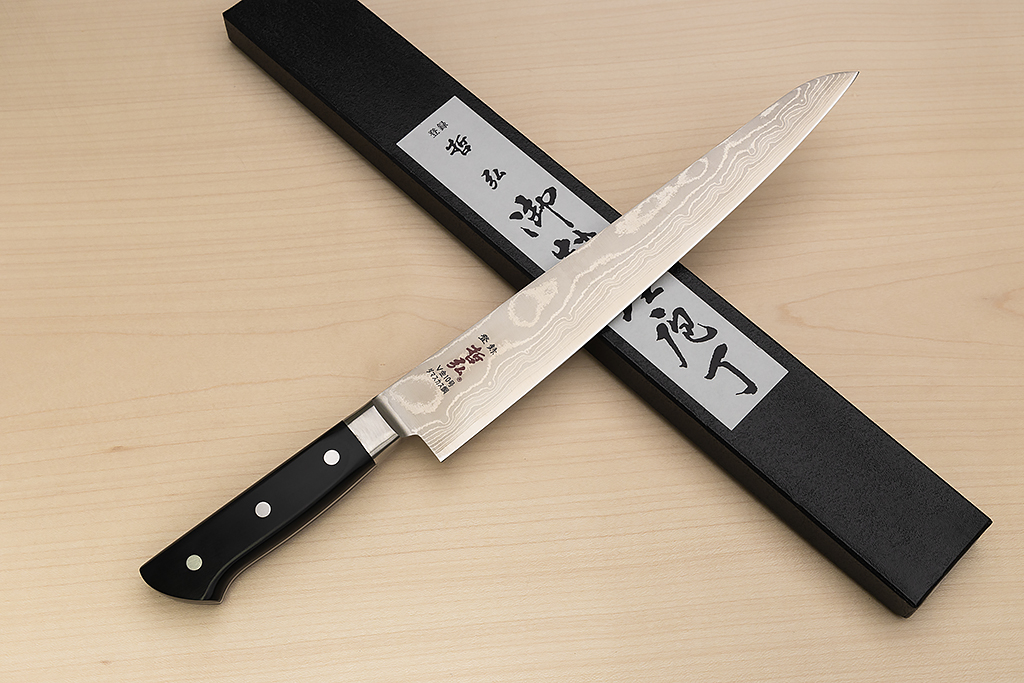 Tetsuhiro VG10 Damascus Sujihiki knife 270mm (10.7") Black paper micarta - Knife-Life - Best Japanese Knife Store