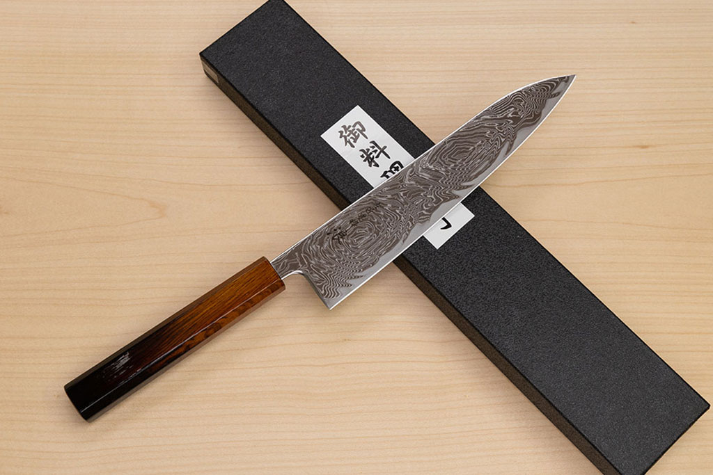 Hokiyama Sakon Bokusui AUS10 ROU-Wave Damascus 210mm (8.3") Gyuto knife with Burnt pattern Urushi lacquered Magnolia Wood octagon handle - Knife-Life - Best Japanese Knife Store
