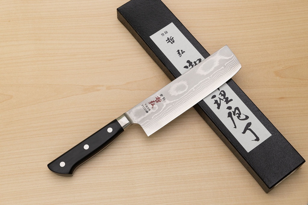 Tetsuhiro VG10 Damascus Nakiri vegetable knife 160mm (6.3") Black paper micarta - Knife-Life - Best Japanese Knife Store