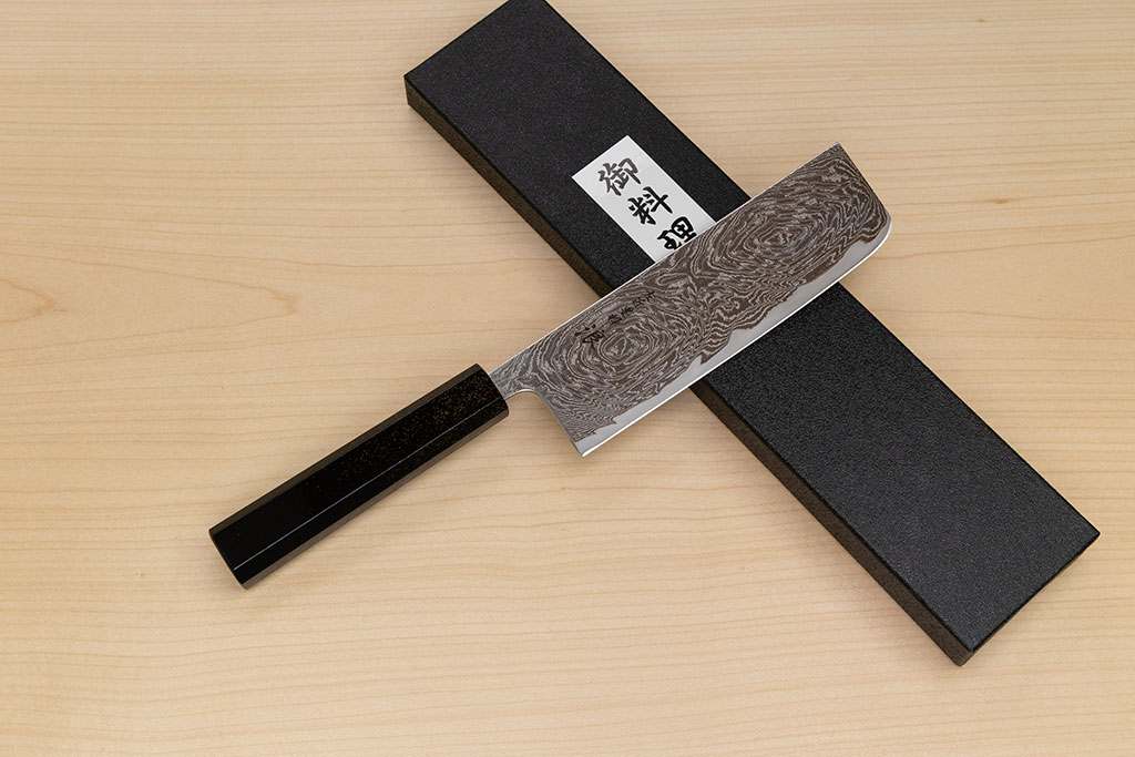 Hokiyama Sakon Bokusui AUS10 ROU-Wave Damascus 165mm (6.5") Nakiri knife with Gold Dust Urushi lacquered Magnolia Wood octagon handle - Knife-Life - Best Japanese Knife Store