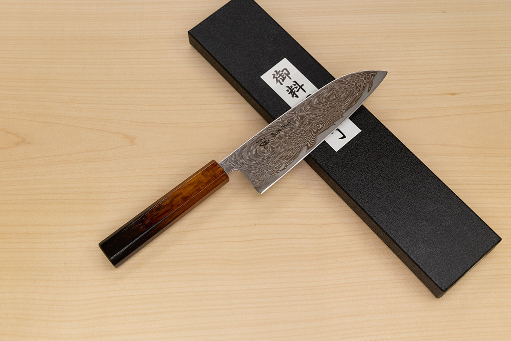 Hokiyama Sakon Bokusui AUS10 ROU-Wave Damascus 165mm (6.5") Santoku knife with Burnt pattern Urushi lacquered Magnolia Wood octagon handle - Knife-Life - Best Japanese Knife Store