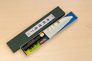 Sakai Genkichi Warikomi AUS8 Santoku knife 180mm (7.1) Magnolia Wood with Akebono-Nuri Urushi Lacque