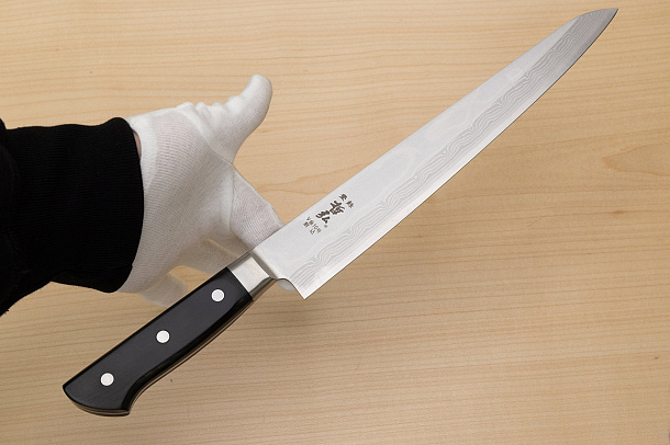 Tetsuhiro VG10 Kasumi nagashi Damascus Sujihiki knife 270mm (10.7") Black paper micarta Tetsuhiro VG10 Kasumi nagashi Damascus Sujihiki knife 270mm (10.7") Black paper micarta