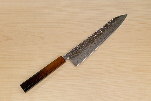 Hokiyama Sakon AUS10 Hammered shiny Damascus 240mm (9.5") Gyuto knife with Burnt pattern Urushi lacquered Magnolia Wood octagon handle