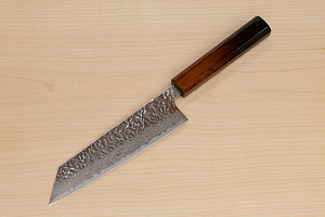 Hokiyama Sakon AUS10 Hammered shiny Damascus 170mm (6.7") Bunka knife with Burnt pattern Urushi lacquered Magnolia Wood octagon handle