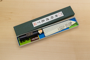 Sakai Genkichi Kurouchi Warikomi White steel 2 Santoku knife 180mm (7.1) Magnolia Wood with Akebono-Nuri Urushi Lacque