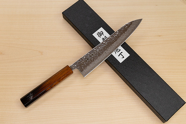 Hokiyama Sakon AUS10 Hammered shiny Damascus 210mm (8.3") Gyuto knife with Burnt pattern Urushi lacquered Magnolia Wood octagon handle