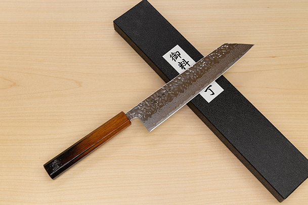 Hokiyama Sakon AUS10 Hammered shiny Damascus 210mm (8.3") Kiritsuke knife with Burnt pattern Urushi lacquered Magnolia Wood octagon handle