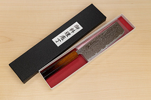 Hokiyama Sakon Bokusui AUS10 ROU-Wave Damascus 165mm (6.5") Nakiri knife with Burnt pattern Urushi lacquered Magnolia Wood octagon handle
