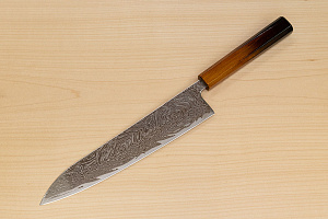 Hokiyama Sakon Bokusui AUS10 ROU-Wave Damascus 240mm (9.5") Gyuto knife with Burnt pattern Urushi lacquered Magnolia Wood octagon handle