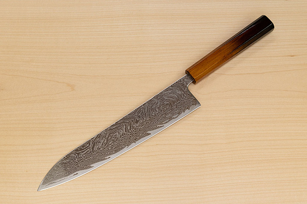 Hokiyama Sakon Bokusui AUS10 ROU-Wave Damascus 240mm (9.5") Gyuto knife with Burnt pattern Urushi lacquered Magnolia Wood octagon handle Hokiyama Sakon Bokusui AUS10 ROU-Wave Damascus 240mm (9.5") Gyuto knife with Burnt pattern Urushi lacquered Magnolia Wood octagon handle