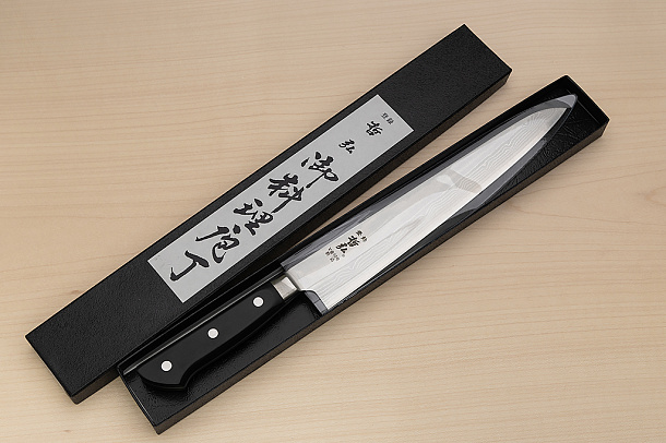Tetsuhiro VG10 Damascus Sujihiki knife 240mm (9.5") Black paper micarta Tetsuhiro VG10 Damascus Sujihiki knife 240mm (9.5") Black paper micarta