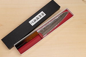 Hokiyama Sakon AUS10 Hammered shiny Damascus 210mm (8.3") Gyuto knife with Burnt pattern Urushi lacquered Magnolia Wood octagon handle