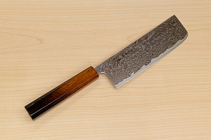 Hokiyama Sakon Bokusui AUS10 ROU-Wave Damascus 165mm (6.5") Nakiri knife with Burnt pattern Urushi lacquered Magnolia Wood octagon handle