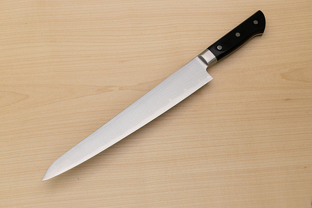Tetsuhiro VG10 Kasumi nagashi Damascus Sujihiki knife 270mm (10.7") Black paper micarta Tetsuhiro VG10 Kasumi nagashi Damascus Sujihiki knife 270mm (10.7") Black paper micarta