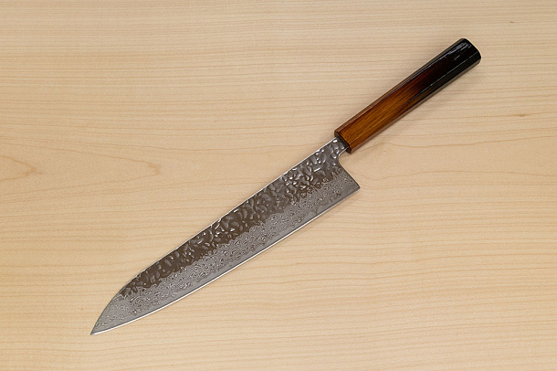 Hokiyama Sakon AUS10 Hammered shiny Damascus 240mm (9.5") Gyuto knife with Burnt pattern Urushi lacquered Magnolia Wood octagon handle Hokiyama Sakon AUS10 Hammered shiny Damascus 240mm (9.5") Gyuto knife with Burnt pattern Urushi lacquered Magnolia Wood octagon handle