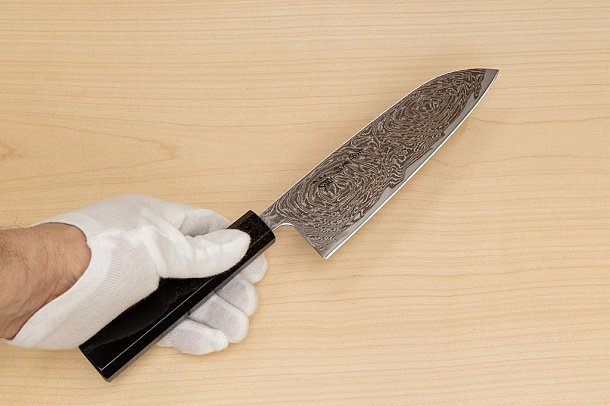 Hokiyama Sakon Bokusui AUS10 ROU-Wave Damascus 165mm (6.5") Santoku knife with Gold Dust Urushi lacquered Magnolia Wood octagon handle