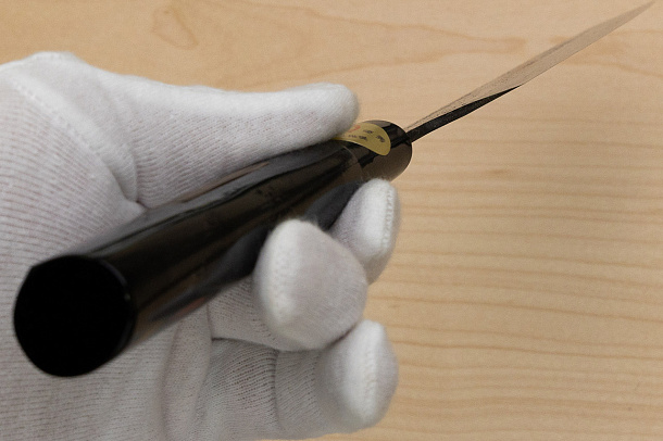 Sakai Genkichi Kurouchi Warikomi White steel 2 Santoku knife 180mm (7.1) Magnolia Wood with Akebono-Nuri Urushi Lacque