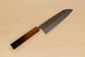 Hokiyama Sakon AUS10 Hammered shiny Damascus 165mm (6.5") Santoku knife with Burnt pattern Urushi lacquered Magnolia Wood octagon handle Hokiyama Sakon AUS10 Hammered shiny Damascus 165mm (6.5") Santoku knife with Burnt pattern Urushi lacquered Magnolia Wood octagon handle