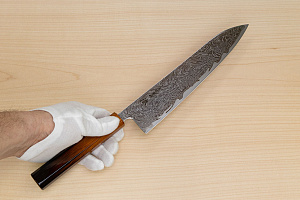 Hokiyama Sakon Bokusui AUS10 ROU-Wave Damascus 240mm (9.5") Gyuto knife with Burnt pattern Urushi lacquered Magnolia Wood octagon handle
