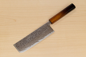 Hokiyama Sakon Bokusui AUS10 ROU-Wave Damascus 165mm (6.5") Nakiri knife with Burnt pattern Urushi lacquered Magnolia Wood octagon handle