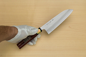 Sakai Genkichi Warikomi AUS8 Santoku knife 180mm (7.1) Magnolia Wood with  Negoro-Nuri Urushi Lacque