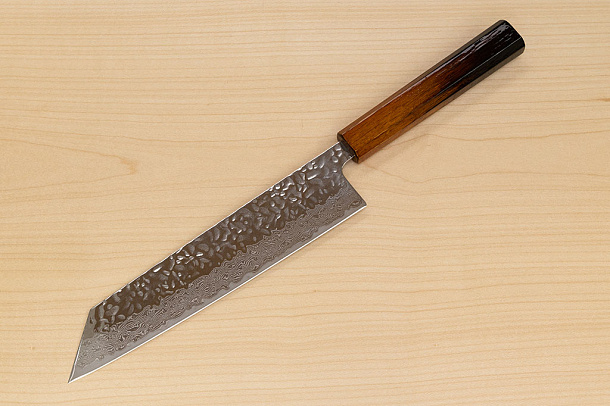 Hokiyama Sakon AUS10 Hammered shiny Damascus 210mm (8.3") Kiritsuke knife with Burnt pattern Urushi lacquered Magnolia Wood octagon handle