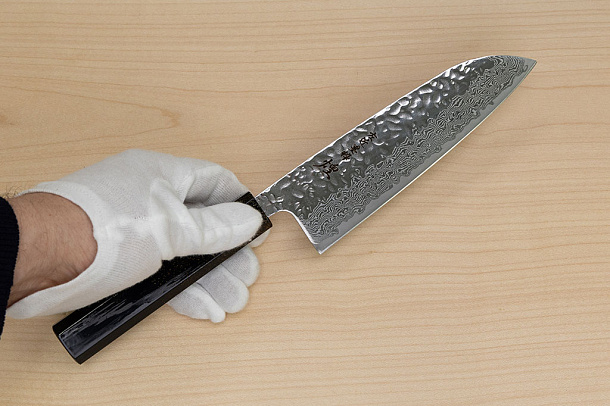 Hokiyama Sakon AUS10 Hammered shiny Damascus 165mm (6.5") Santoku knife with Gold Dust Urushi lacquered Magnolia Wood octagon handle