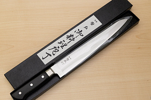 Tetsuhiro VG10 Kasumi nagashi Damascus Sujihiki knife 270mm (10.7") Black paper micarta