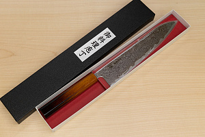 Hokiyama Sakon Bokusui AUS10 ROU-Wave Damascus 240mm (9.5") Gyuto knife with Burnt pattern Urushi lacquered Magnolia Wood octagon handle