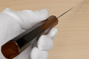 Hokiyama Sakon AUS10 Hammered shiny Damascus 240mm (9.5") Gyuto knife with Burnt pattern Urushi lacquered Magnolia Wood octagon handle