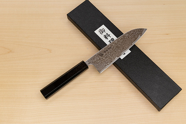 Hokiyama Sakon Bokusui AUS10 ROU-Wave Damascus 165mm (6.5") Santoku knife with Gold Dust Urushi lacquered Magnolia Wood octagon handle