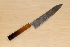 Hokiyama Sakon Bokusui AUS10 ROU-Wave Damascus 240mm (9.5") Gyuto knife with Burnt pattern Urushi lacquered Magnolia Wood octagon handle