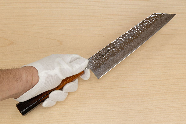 Hokiyama Sakon AUS10 Hammered shiny Damascus 210mm (8.3") Kiritsuke knife with Burnt pattern Urushi lacquered Magnolia Wood octagon handle
