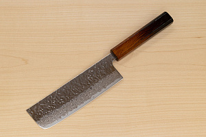 Hokiyama Sakon AUS10 Hammered shiny Damascus 165mm (6.5") Nakiri knife with Burnt pattern Urushi lacquered Magnolia Wood octagon handle