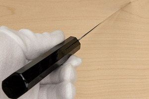 Hokiyama Sakon Bokusui AUS10 ROU-Wave Damascus 165mm (6.5") Santoku knife with Gold Dust Urushi lacquered Magnolia Wood octagon handle Hokiyama Sakon Bokusui AUS10 ROU-Wave Damascus 165mm (6.5") Santoku knife with Gold Dust Urushi lacquered Magnolia Wood octagon handle