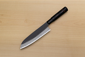 Sakai Genkichi Kurouchi Warikomi White steel 2 Santoku knife 180mm (7.1) Magnolia Wood with Akebono-Nuri Urushi Lacque