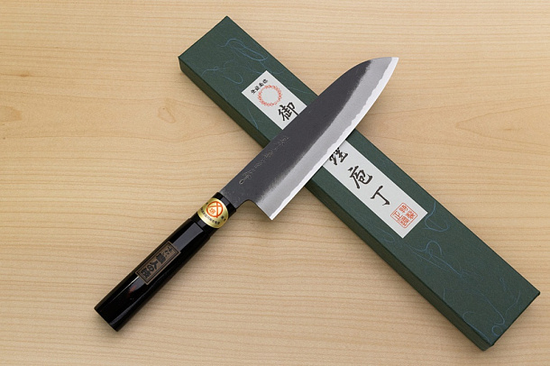 Sakai Genkichi Kurouchi Warikomi White steel 2 Santoku knife 180mm (7.1) Magnolia Wood with Akebono-Nuri Urushi Lacque