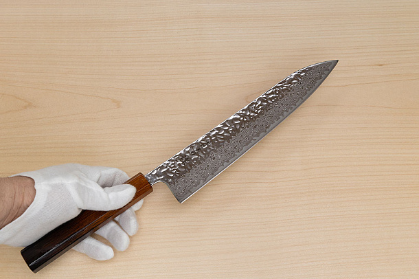 Hokiyama Sakon AUS10 Hammered shiny Damascus 240mm (9.5") Gyuto knife with Burnt pattern Urushi lacquered Magnolia Wood octagon handle Hokiyama Sakon AUS10 Hammered shiny Damascus 240mm (9.5") Gyuto knife with Burnt pattern Urushi lacquered Magnolia Wood octagon handle