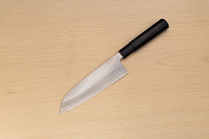 Sakai Genkichi Warikomi AUS8 Santoku knife 180mm (7.1) Magnolia Wood with Akebono-Nuri Urushi Lacque