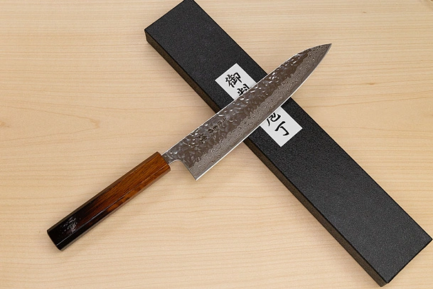 Hokiyama Sakon AUS10 Hammered shiny Damascus 210mm (8.3") Gyuto knife with Burnt pattern Urushi lacquered Magnolia Wood octagon handle