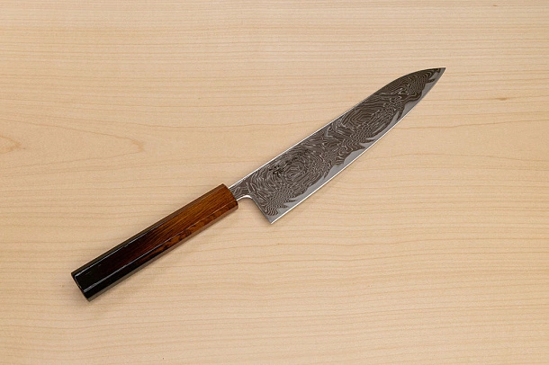 Hokiyama Sakon Bokusui AUS10 ROU-Wave Damascus 210mm (8.3") Gyuto knife with Burnt pattern Urushi lacquered Magnolia Wood octagon handle