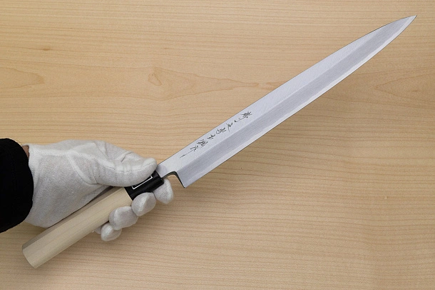 Sakai Genkichi White steel 2 Yanagiba Knife for Sashimi 300 (11.8) Magnolia Wood handle with buffalo horn Sakai Genkichi White steel 2 Yanagiba Knife for Sashimi 300 (11.8) Magnolia Wood handle with buffalo horn