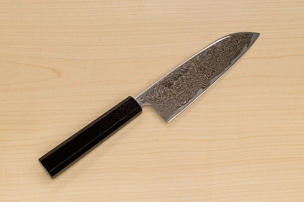 Hokiyama Sakon Bokusui AUS10 ROU-Wave Damascus 165mm (6.5") Santoku knife with Gold Dust Urushi lacquered Magnolia Wood octagon handle Hokiyama Sakon Bokusui AUS10 ROU-Wave Damascus 165mm (6.5") Santoku knife with Gold Dust Urushi lacquered Magnolia Wood octagon handle