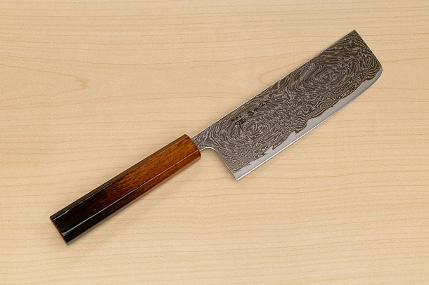Hokiyama Sakon Bokusui AUS10 ROU-Wave Damascus 165mm (6.5") Nakiri knife with Burnt pattern Urushi lacquered Magnolia Wood octagon handle Hokiyama Sakon Bokusui AUS10 ROU-Wave Damascus 165mm (6.5") Nakiri knife with Burnt pattern Urushi lacquered Magnolia Wood octagon handle
