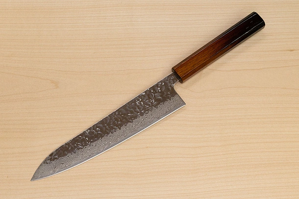 Hokiyama Sakon AUS10 Hammered shiny Damascus 210mm (8.3") Gyuto knife with Burnt pattern Urushi lacquered Magnolia Wood octagon handle Hokiyama Sakon AUS10 Hammered shiny Damascus 210mm (8.3") Gyuto knife with Burnt pattern Urushi lacquered Magnolia Wood octagon handle